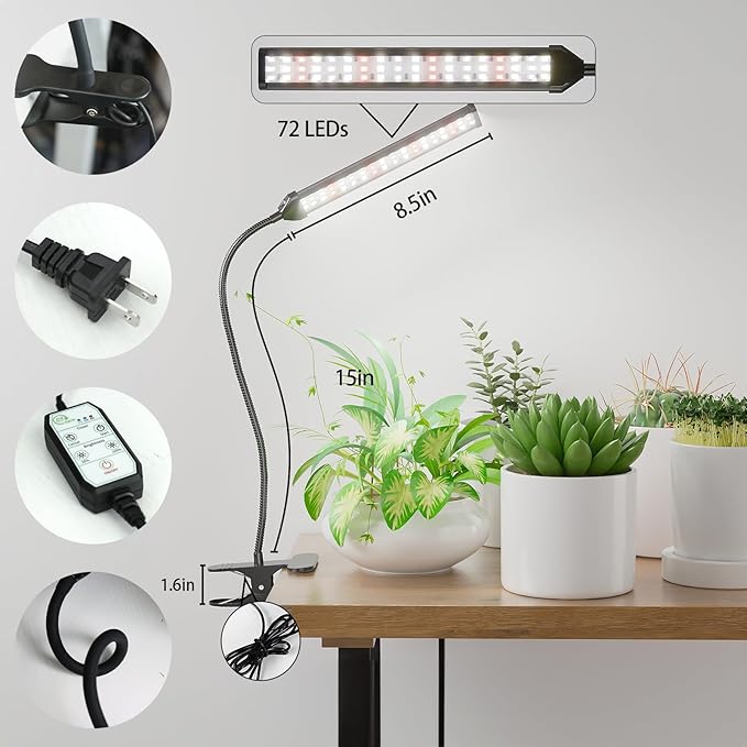 GooingTop Grow Light for Indoor Plants Growing,5000K White Full Spectrum Gooseneck Plant Lamp with Red Blue LED Clip Desk for Pot Plant Seed Starting,Dimmable with Auto Timer
