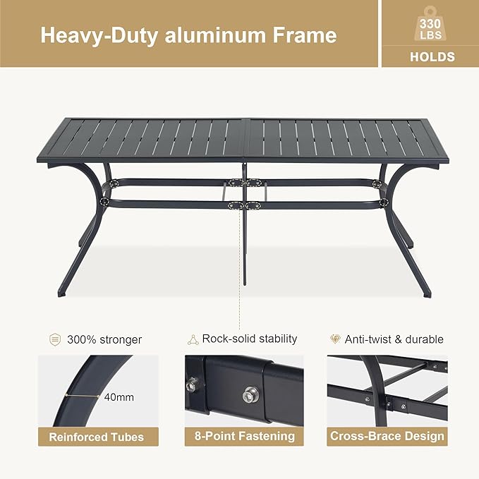 PURPLE LEAF Outdoor Dining Set for 8 with Thick Cushion Heavy-Duty Metal Patio Dining Furniture Set with All-Aluminum Slatted Table and Khaki Wicker Chairs for Deck Lawn Garden Backyard Pool