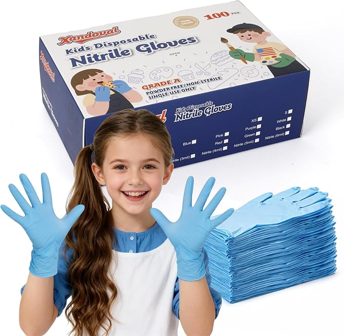 Kids Disposable Gloves for 3-8 Years, 5Mil Blue Nitrile Gloves with Latex-Free and Powder-Free, Durable and Protective for Work, Cleaning, Cooking, Gardening (XS,100PCS)