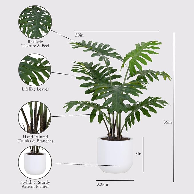 CG Hunter Faux Philodendron Tree, Premium Artificial Indoor Tree Stands 3-ft Tall, Lifelike-Leaves & Hand Painted Trunk, Pot Included