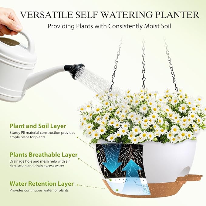 SQKH 12 Inch Hanging Baskets 2 PC with Chains, Self-Watering Hanging Planters for Indoor Outdoor Plants, Plastic Hanging Flower Pots,White Brown