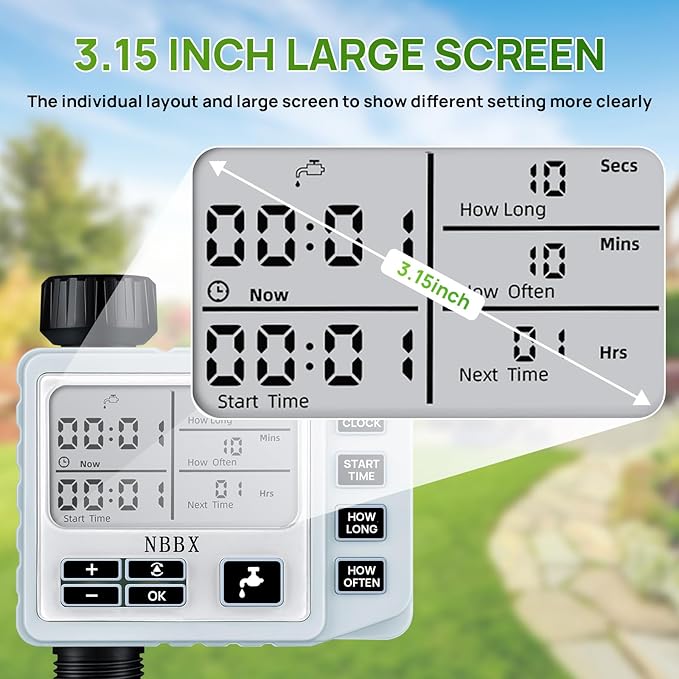 NBBX Sprinkler Timer for Garden Hose - Smart Water System with Rain Delay, Manual & Automatic Modes, IP54 Waterproof, Easy-Install Outdoor Faucet Timer for Lawn & Garden Care
