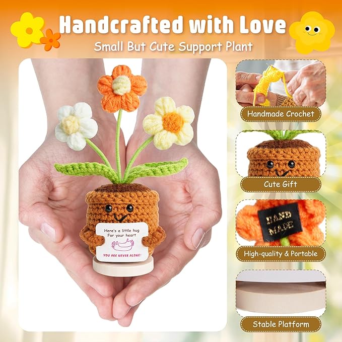 penzoos Emotional Support Plant, Handmade Crochet Potted Flower with Inspirational Message Card, Orange & White Knitted Daisy, Stress Relief Gift for Friends, Family, and Coworkers