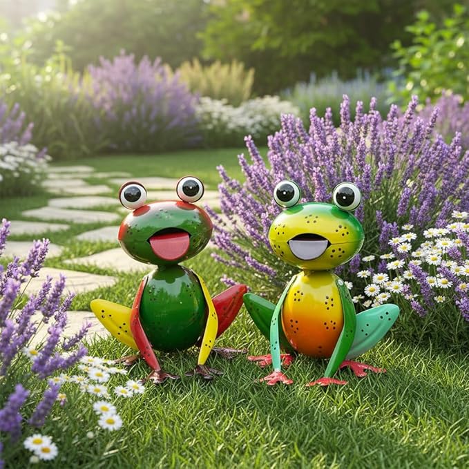 Metal Garden Decor for Outside Set of 2 Cute Small Frogs - OutdoorGarden Sculptures & Statues, Patio Lawn Backyard Fence Porch Decor, Metal Yard Art Ornaments, Garden Gifts for Mom Women Grandma