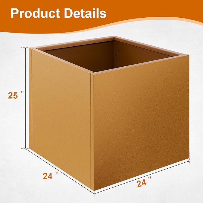 Meyoppm Corten Steel Planter Box 24"x24"x25", Rustic Metal Planter with Partitions & Drainage Holes, Frost Rust Resistant Heavy Duty Planter for Patio Garden Indoor Outdoor Commercial Decor