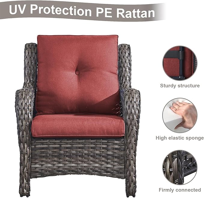 HUMMUH Outdoor Furniture 6 Pieces Patio Furniture Set Wicker Outdoor Sectional Sofa with 2 Patio Chairs,Ottomans,Coffee Table(Grey/Red)