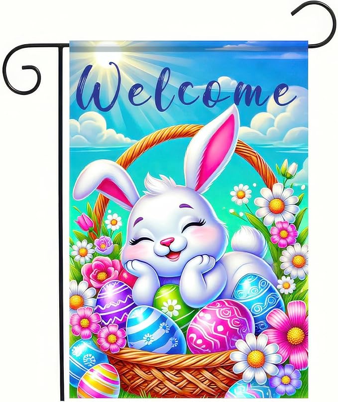 Happy Easter Bunny Garden Flag 12x18 Double Sided Sleepy Bunny Easter Egg Rabbit Easter Garden Flag Outdoor Flag Seasonal Decors for Spring Farmhouse Holiday Yard Outside Decorative Banner