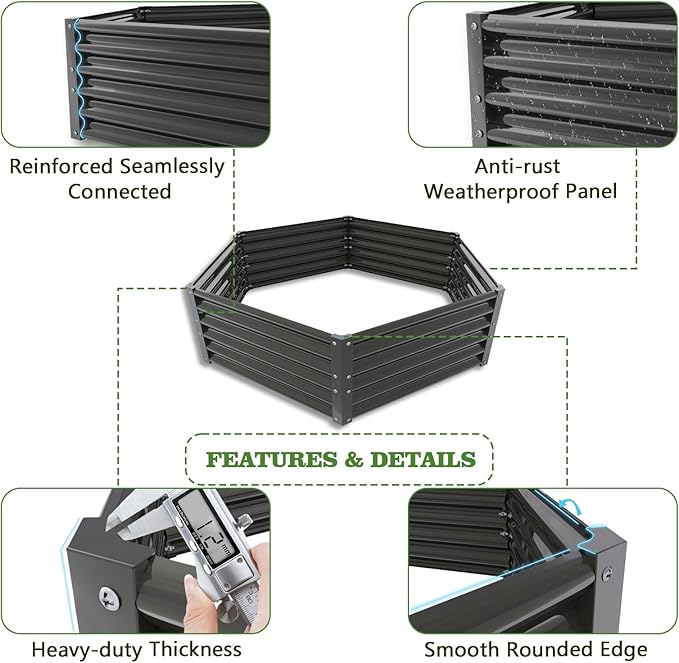 A ANLEOLIFE Hexagon Galvanized Metal Raised Garden Bed Outdoor, 70x60x18in Deep Metal Planter Box for Flowers, Herbs & Vegetables, 18'' Tall Decorative Raised Bed, Quartz Grey