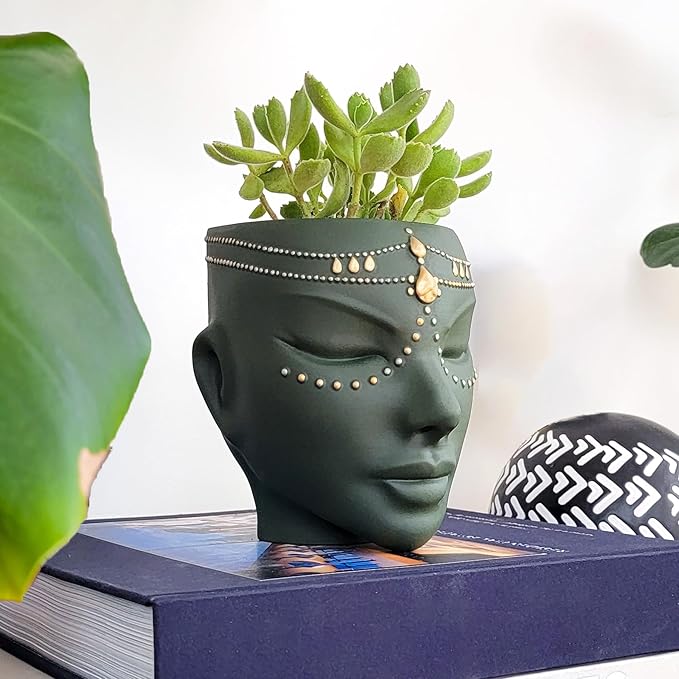 Head Planter - Indoor & Outdoor Home Decor Gifts for Plant Lovers - for Flat Surface or Wall Mount - Unique Face Planter for Flowers, Succulents, & More (7 inch, Serena Design, Green)