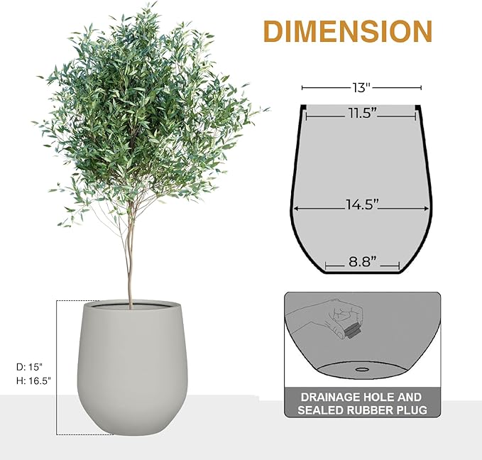 KUTE NEST 16.5" H x 15" D Corso Fiberstone Round Tapered Planter with Drainage Hole, Smooth Finishes, Weather Resistant, Included 2 Extra Coco Mats (Light French Gray, 11.5" Pot Opening)