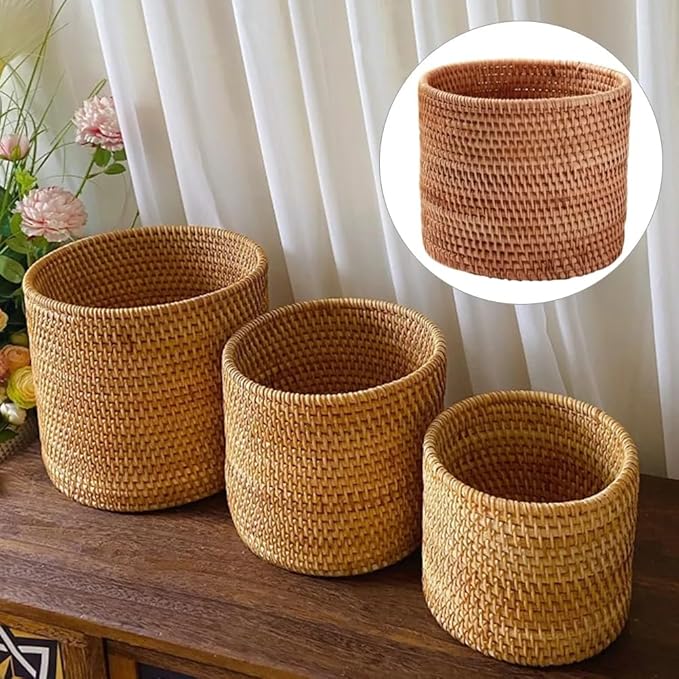 Basket Baskets Wicker Woven Storage Rattan Round Can Trash Fruit Seagrass Empty Bread Large Laundry Planter Blankets Gifts (24X24CM)