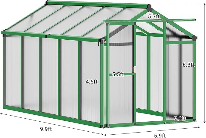 6 X 10 Greenhouse, Greenhouses for Outside, Polycarbonate Greenhouse with Aluminum Frame, Lockable Door and Ajustable Roof Vent for Backyard, Green Houses for Outside Garden Backyard, Patio