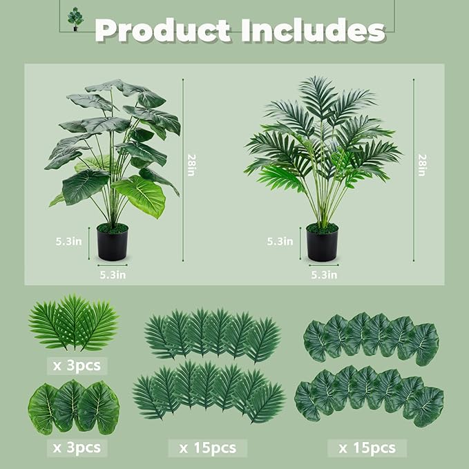 Der Rose 28'' Fake Plants Large Artificial Plam Tree and Faux Dishgyi Plants Indoor Tall for Room Home Bathroom Farmhouse Outdoor Decor