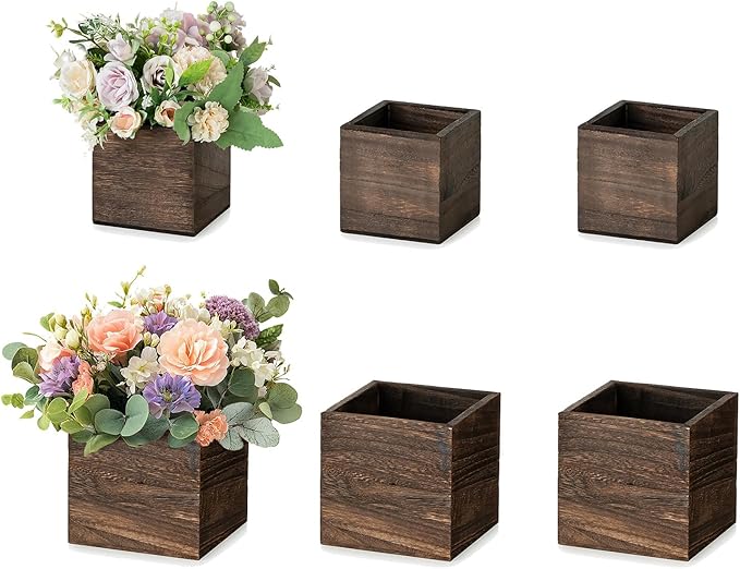 NUPTIO Wooden Box for Centerpiece Wedding: 6 Pcs Rustic Square Planter Box for Christmas Table Fall Decorations - 4×4" & 5×5" Small Wood Vases Flower Pots for Windowsill Home Garden Decor
