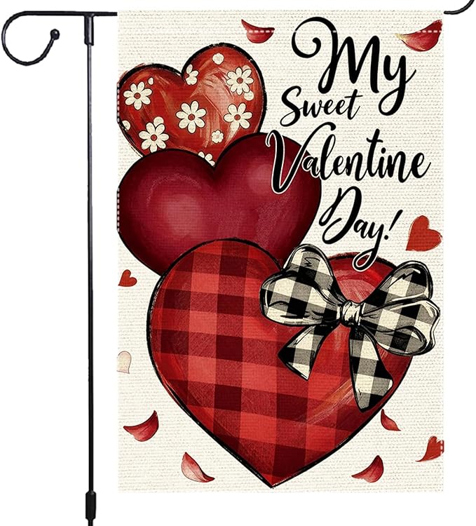 Valentines Day Garden Flag 12x18 Inch Double Sided Small Burlap Featuring Red Hearts and My Sweet Valentine Day Text for Outdoor Decor