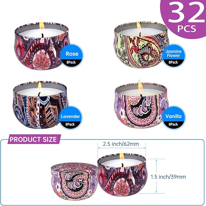 KNOURT 32 Pack Scented Candles Gift Set, Natural Soy Wax Travel Tin Candles for Home Scented, Ideal for Christmas, Birthday, Thanksgiving, Valentines Day Gifts