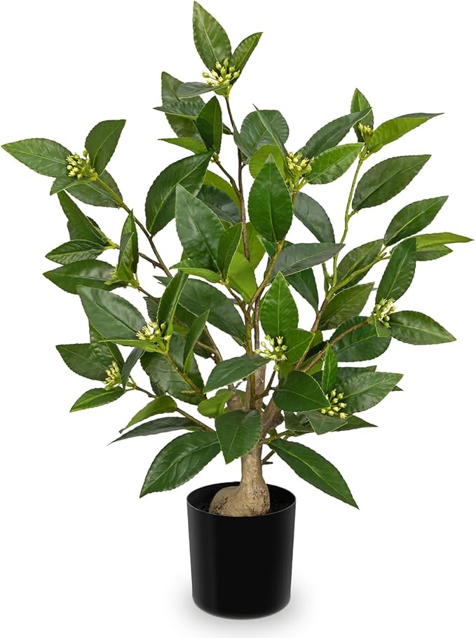 Briful Fake Plants 18.8'' Tall Artificial Plants Indoor Decor, Faux Bay Laurel Plant with Flowers in Black Pot, Floor Plant Houseplant for Home Farmhouse Outdoor Patio Porch Decorations