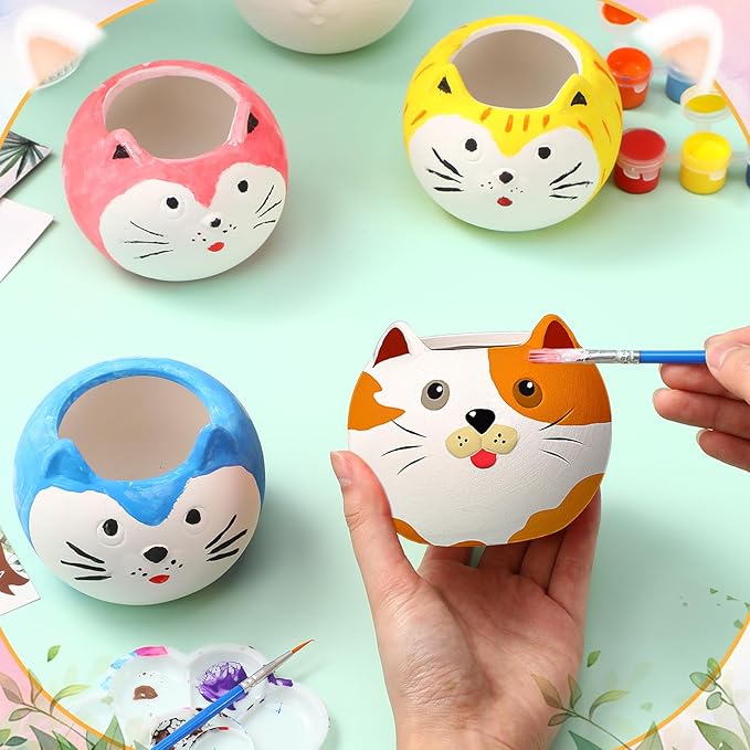 Pasimy 6 Set Ceramics to Paint DIY Ceramic Succulent Planter Pots Paint Your Own Flower Pots Craft Kit Unpainted Bisque Flowerpot with Brush Palette for Family Activity Holiday Gifts(Cat)