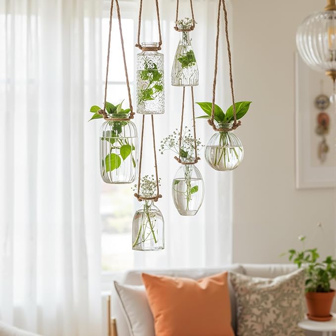 Teecyhooo 6 Pcs Stained Glass Hanging Vases Colorful Glass Terrariums with Rope Small Hanging Planters Pot Containers for Air Plants Flowers Garden Home Wedding Decor(Clear Series)