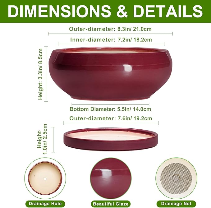 EPFamily Succulent Pots - 8 Inch Bonsai Pots for Indoor Outdoor, Shallow Ceramic Planter with Drainage Hole and Saucer, Round Flower Succulent Planters, Apartment Decor, Gardening Gift, Red