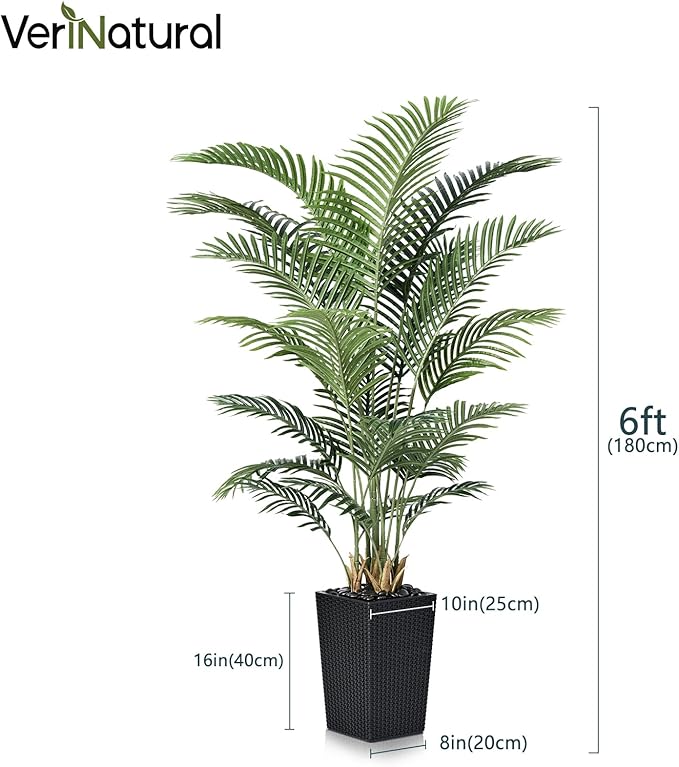 VeriNatural 6FT Artificial Palm Tree - Tall Fake Tree with Black Taper Planter & Pebbles, UV Resistant for Indoor & Outdoor Decor - Large Potted Faux Plant for Living Room, Office, Home Decor,VN130