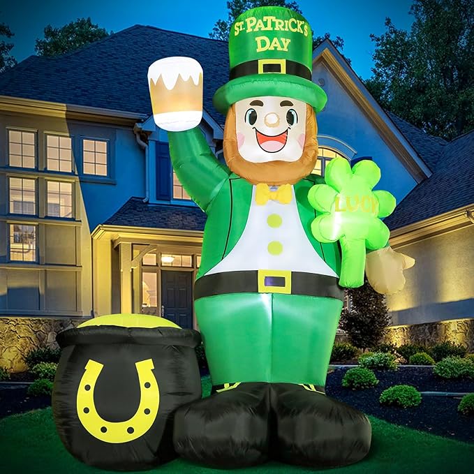 St. Patricks Day Inflatable Decorations 8ft Large Leprechaun Built-in LED Lights with Shamrock and Gold Coin Pot Blow Up Décor Outdoor Lucky Day Holiday Party Lawn Yard Garden Patio