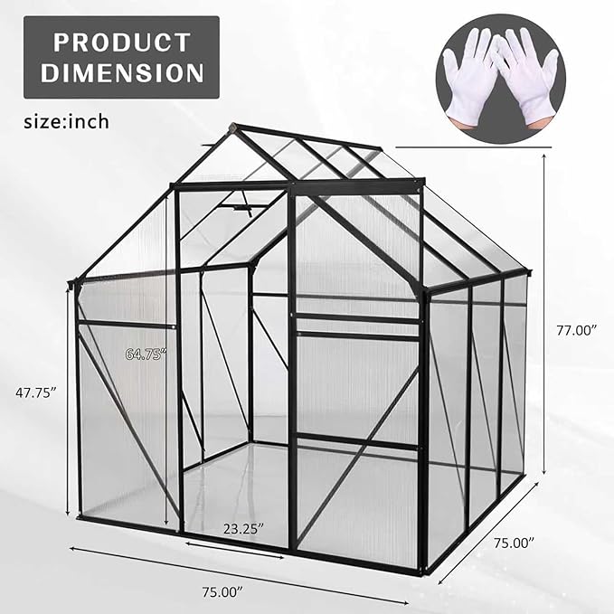 6×6 FT Compact Polycarbonate Greenhouse for Outdoors, Walk-in Aluminum Green House with Sliding Door, Raised Base & Roof Vent, Small Outdoor Greenhouse for Backyard Winter Use, Black