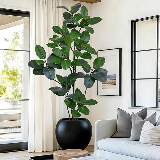 6FT Artificial Green Rubber Tree - 72" Faux Trees Indoor with 70 Lifelike Vivid Leaves and 10 Heads, Tall Fake Potted Plant for Home Office Living Room Decor Housewarming Gift