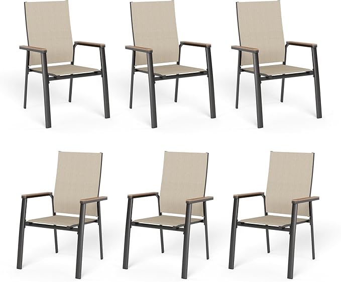 Sophia & William Patio Chairs Set of 6, Lightweight Aluminium Frame and Breathable Textilene Fabric, Stackable Outdoor Dining Chairs - Beige