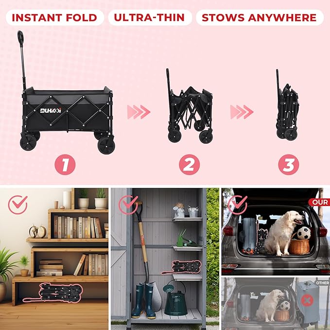 Collapsible Wagon Cart with Wheels Foldable,11 Lbs Lightweight Portable Folding Utility Wagon,90 L Heavy Duty Grocery Shopping Carts,Versatile for Garden Sports Camping Outdoor Use (Black Gray)