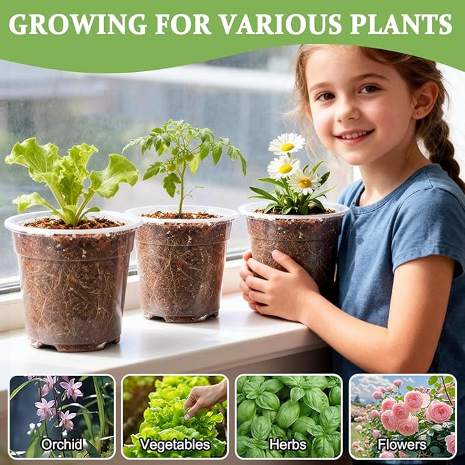 RooTrimmer 60 Pack 6 Inch Clear Nursery Pots for Plants, Flexible Plastic Plant Pots with Drainage Holes, Transparent Plant Starter Pots for Seedlings, Vegetable, Succulents, Flowers