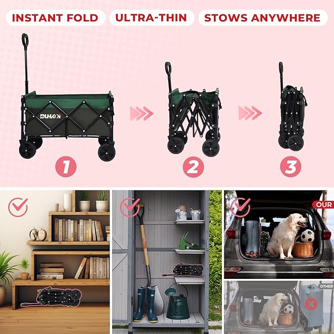 Collapsible Wagon Cart with Wheels Foldable,11 Lbs Lightweight Portable Folding Utility Wagon,90 L Heavy Duty Grocery Shopping Carts,Versatile for Garden Sports Camping Outdoor Use (Army Green)