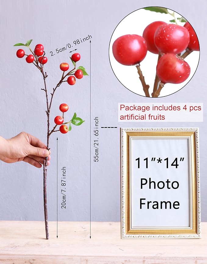 Forlaoers Like Natural 4Pcs 21.6 Inch Faux Berries Artificial Berry Branches Fruits Artificial Flowers for Christmas Home Decorations Living Room Table Vase Decor Office Gifts Indoor
