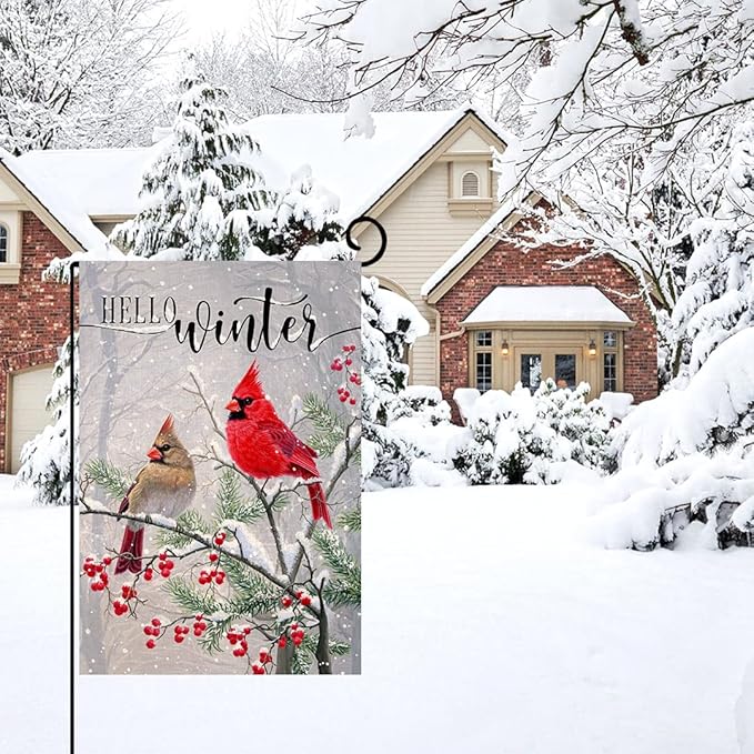 BLKWHT Winter Cardinal Bird Garden Flag 12x18 Vertical Double Sided Farmhouse Trees Snow Christmas Holiday Outside Decorations Burlap Yard Flag BW233