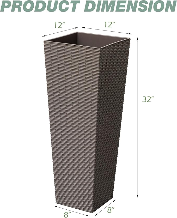 Flamaker Resin Rattan-Design Planters Set of 2, 32'' Tall Flowerpot with Additional Pot for Soil, Durable Weather-Resistant Planter with Drainage Holes for Garden, Patio, Backyard (Brown, Large)