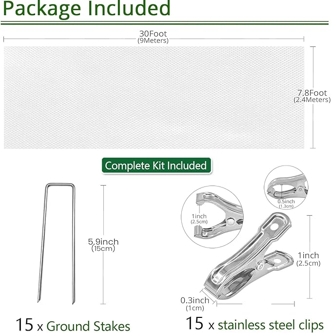 7.8Ft x 30ft Frost Protection Plant Cover – 1.2 oz/yd² Garden Freeze Blanket with Clips & Ground Stakes for Outdoor Winter Plant Protection, Reusable Floating Row Cover for Garden Vegetables