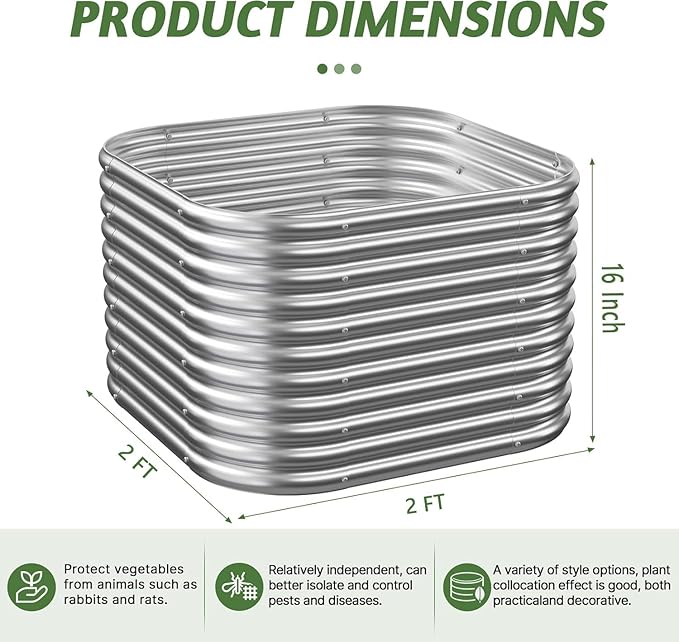 2 Pack Tall 2x2FT Raised Beds for Gardening, Corrugated Galvanized Steel Raised Garden Bed, Outdoor Metal Above Ground Garden Bed for Vegetables and Flowers-2x2FTx16Inch