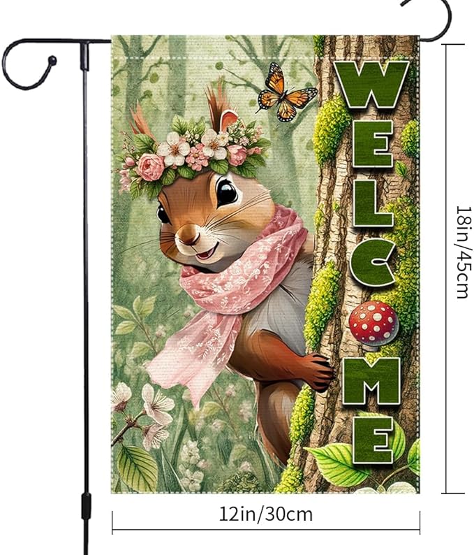 Spring Summer Garden Flag Decorations 12x18inch Burlap Double Sided Squirrel Summer Garden Flags For Outside Yard Home Outdoor Patio Lawn Decor,Welcome Garden Banner (RMQ86, 12"X18")