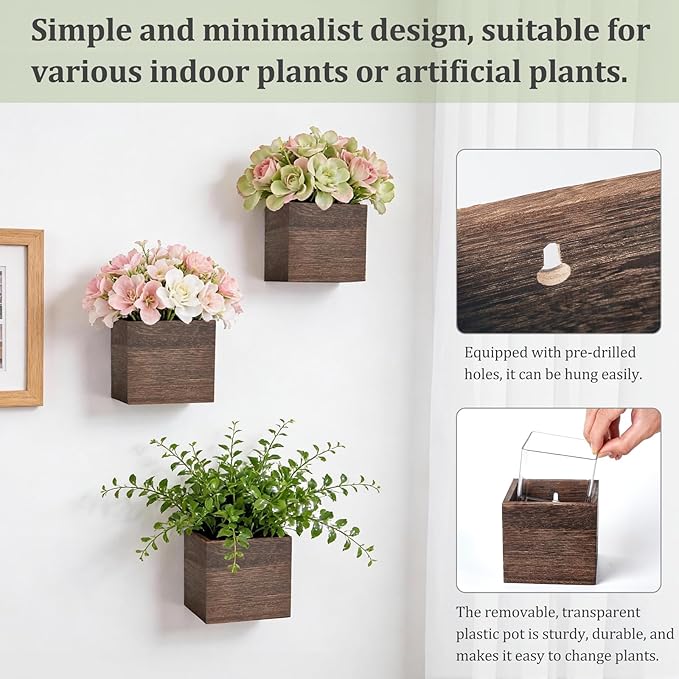 Dahey Small 4 Inch Wood Wall Hanging Planter Boxes for Indoor Plants 3 Pack Square Rustic Farmhouse Wall Mounted Flower Pot Vases with Plastic Liner for Flower Greenery Garden Home Centerpiece Decor