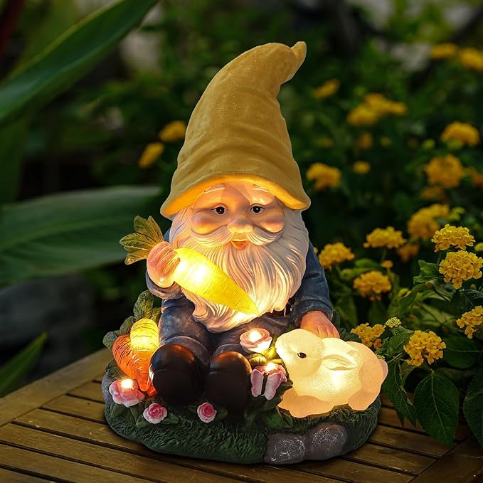 Solar Garden Outdoor Statues Gnome Feeding Rabbit with 6 LED Lawn Decor Outside Decorations for Patio, Balcony, Yard Ornament Unique Garden Gift