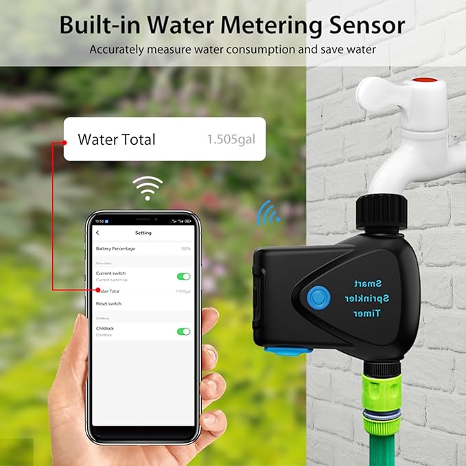 RISOON WiFi Water Timer with Flow Meter - No Hub Required, Flow-Sensing Smart Sprinkler Timer Compatible with Alexa & Google Home, Wireless Remote Garden Irrigation, Real-Time Water Usage Monitor