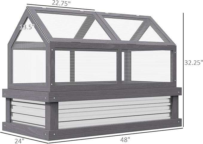 Outsunny Raised Garden Bed with Polycarbonate Greenhouse, Wooden Garden Cold Frame Greenhouse, Flower Planter Protection, 48" x 24" x 32", Gray
