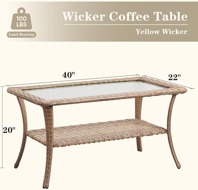 Belord Outdoor Coffee Table for Patio - 40 Inch Rattan Patio Coffee Table with 2-Layer Storage, Rectangular Tempered Glass Outdoor Wicker Table for Porch Balcony Deck Yellow
