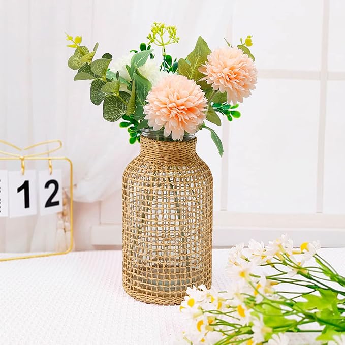 MDEOOSKY Straw Woven Glass Vase 7.87''x1.96''x4.13''Boho Glass Flower Vase Country Rustic Style Vase Glass Vase for Floral Arrangements Bottle Height (B Style 7.87IN)
