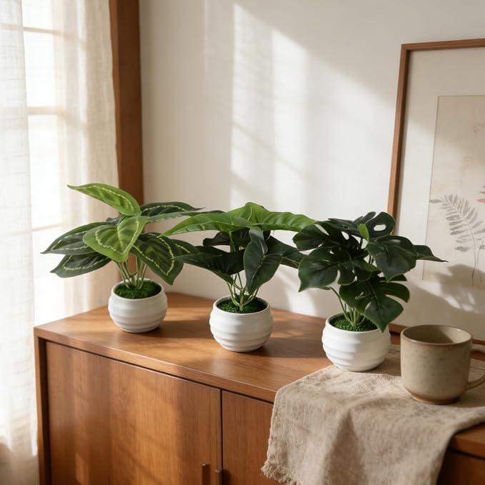 3Pcs 7" Small Artificial Plants in Ceramic Pots, Faux Potted Plants Indoor Small Green Leaf Tropical Fake Plant for Home Room Office Table Shelf Desk Decor