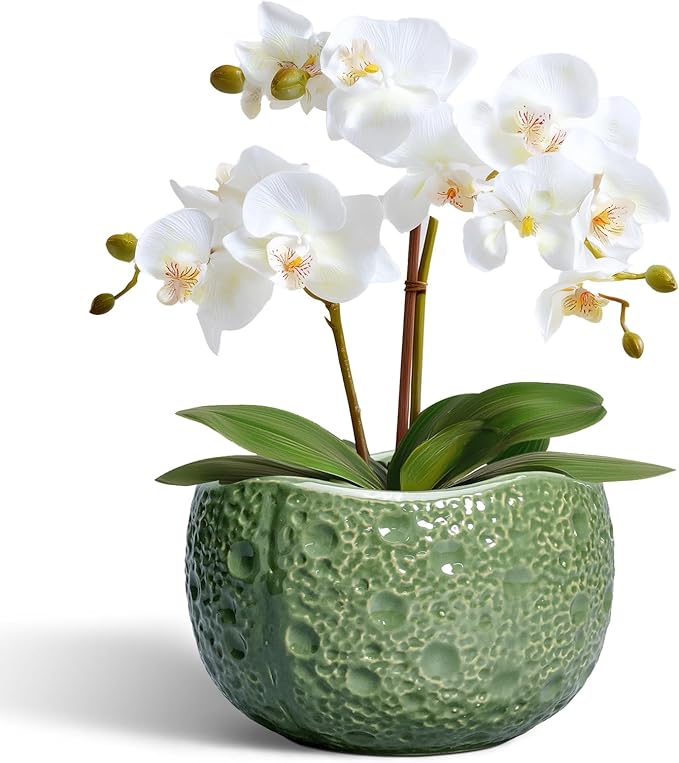 Thirtypot 6 Inch Plant Pot - Orchid Pot with Drainage Hole, Ceramic Planter for Indoor Outdoor, Decorative Plant Pots, Modern Round Unique Flower Pots, Living Room Decor, Gifts for Women Men, Green