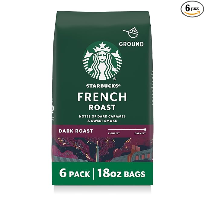 Starbucks Ground Coffee, Dark Roast Hot or Iced Coffee, French Roast, Six 18 oz Bags