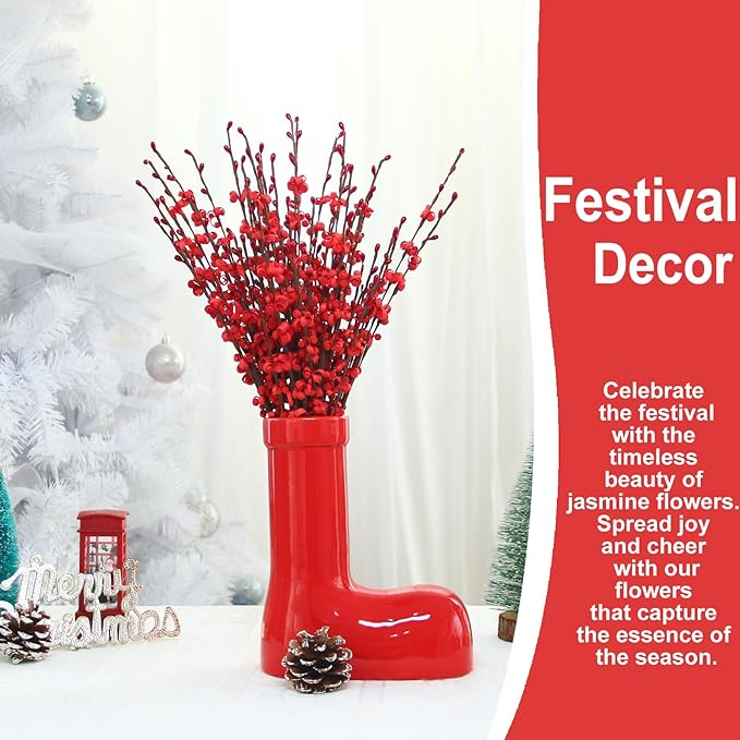 10Pcs 17.5'' Red Flowers Artificial Jasmine Flowers Faux Patriotic DIY Floral Art Red Berries Stem for Valentine's Day Table Centerpieces Vases Home Wedding Bouquets Party Decorations
