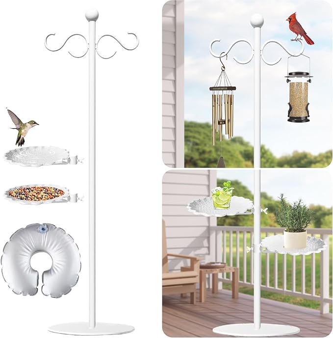 Upgraded 74" Shepherd's Hook for Bird Feeder，White Floor Hanging Plant，White Wind Chime Stand, Waterproof Metal & Adjustable-Height Standing Pole Holder for Wreath, Indoor & Outdoor（2 Placement Racks)