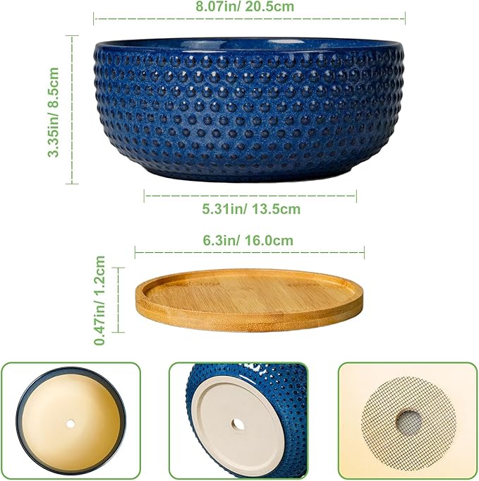 EPFamily Bonsai Pots - 8 Inch Ceramic Pots for Succulent Plants & Bonsai Tree, Planter with Drainage Hole and Saucer, Modern Round Decorative Flower Planters, House Decor, Gifts for Women Man, Blue